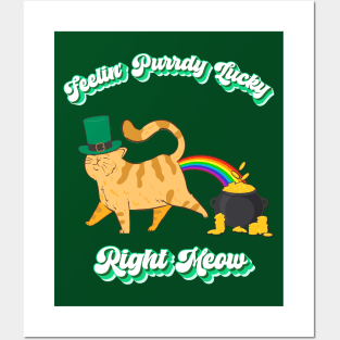 Feelin' Purrdy Lucky Right Meow, Funny Cat Leprechaun Rainbow Pot of Gold Posters and Art